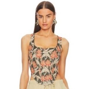 Miaou Floral Print Square-Neck Corset Tank Top in Green and Orange